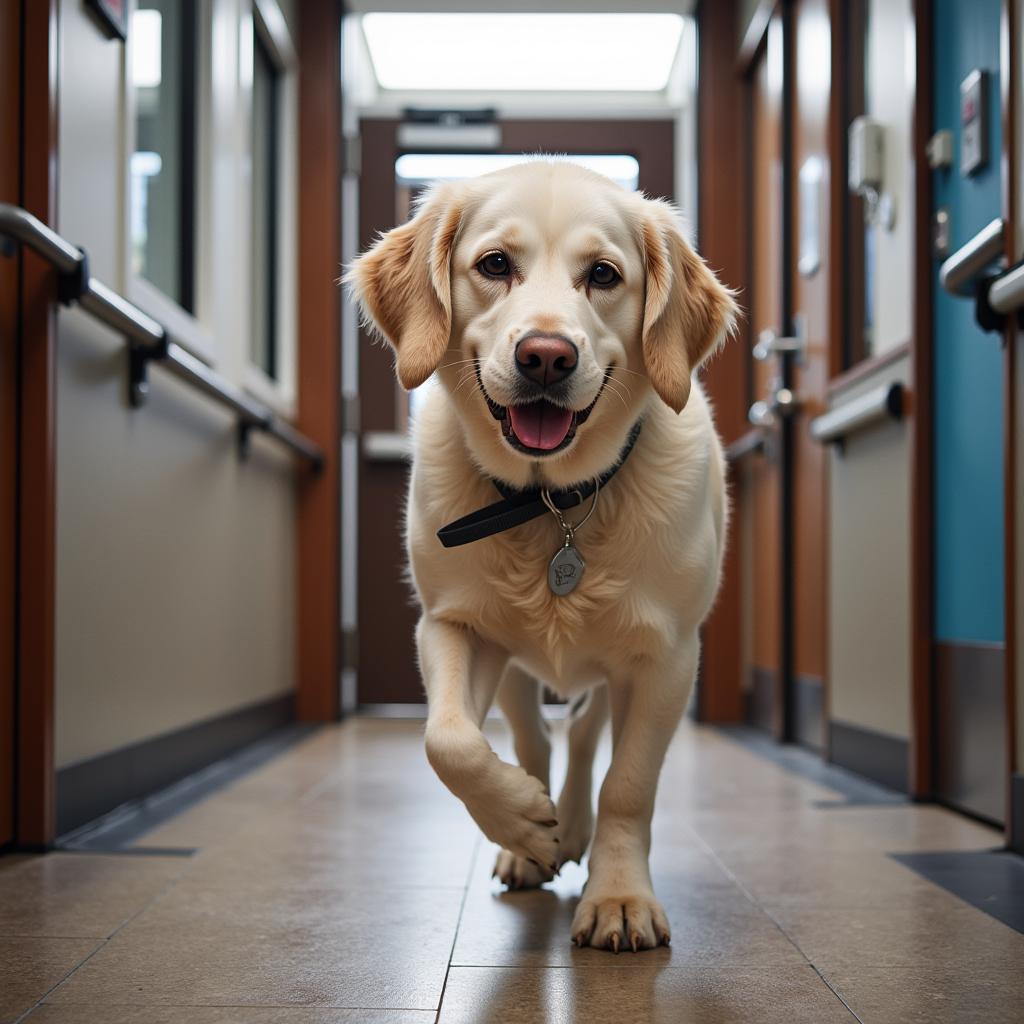 A happy and healthy dog leaving Conestoga Animal Hospital after a check-up