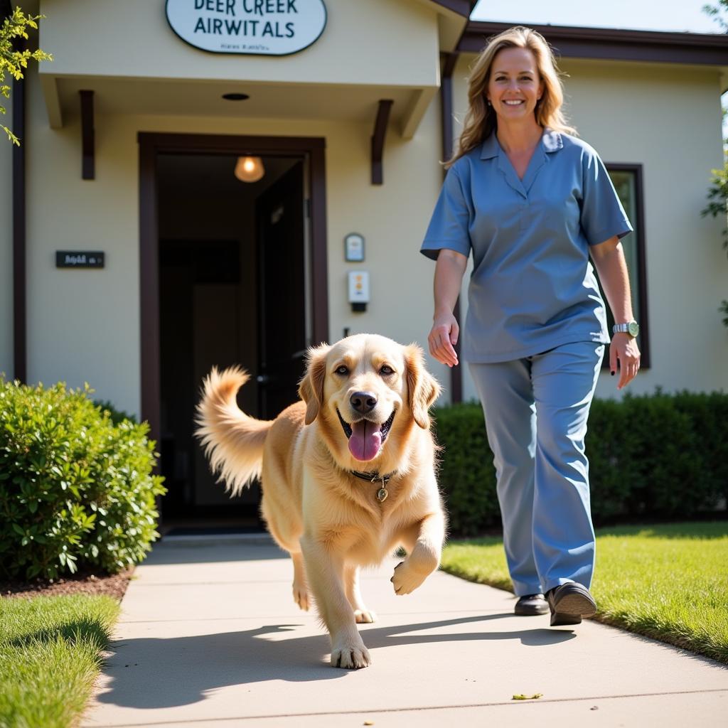 Happy dog leaving Deer Creek Animal Hospital after a check-up