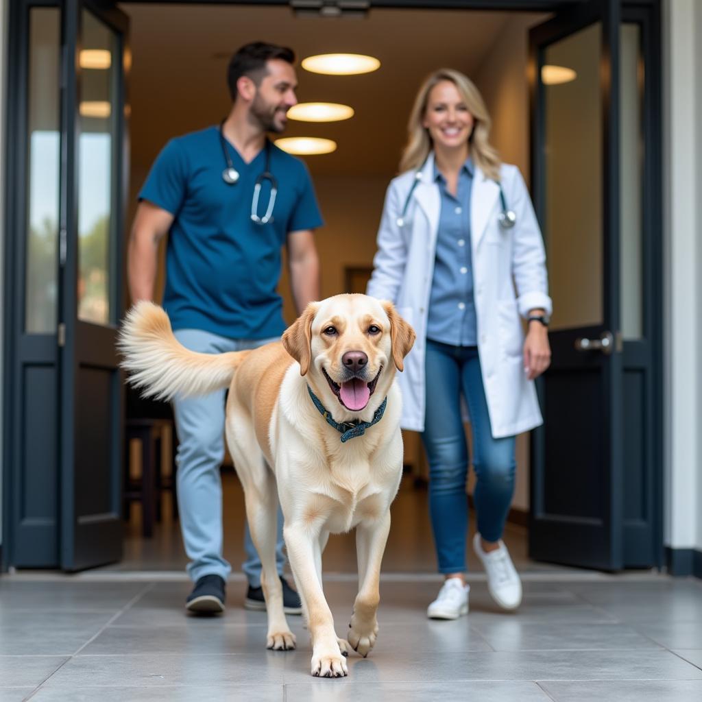 A happy and healthy dog leaving Gold Country Vet Hospital with its owner