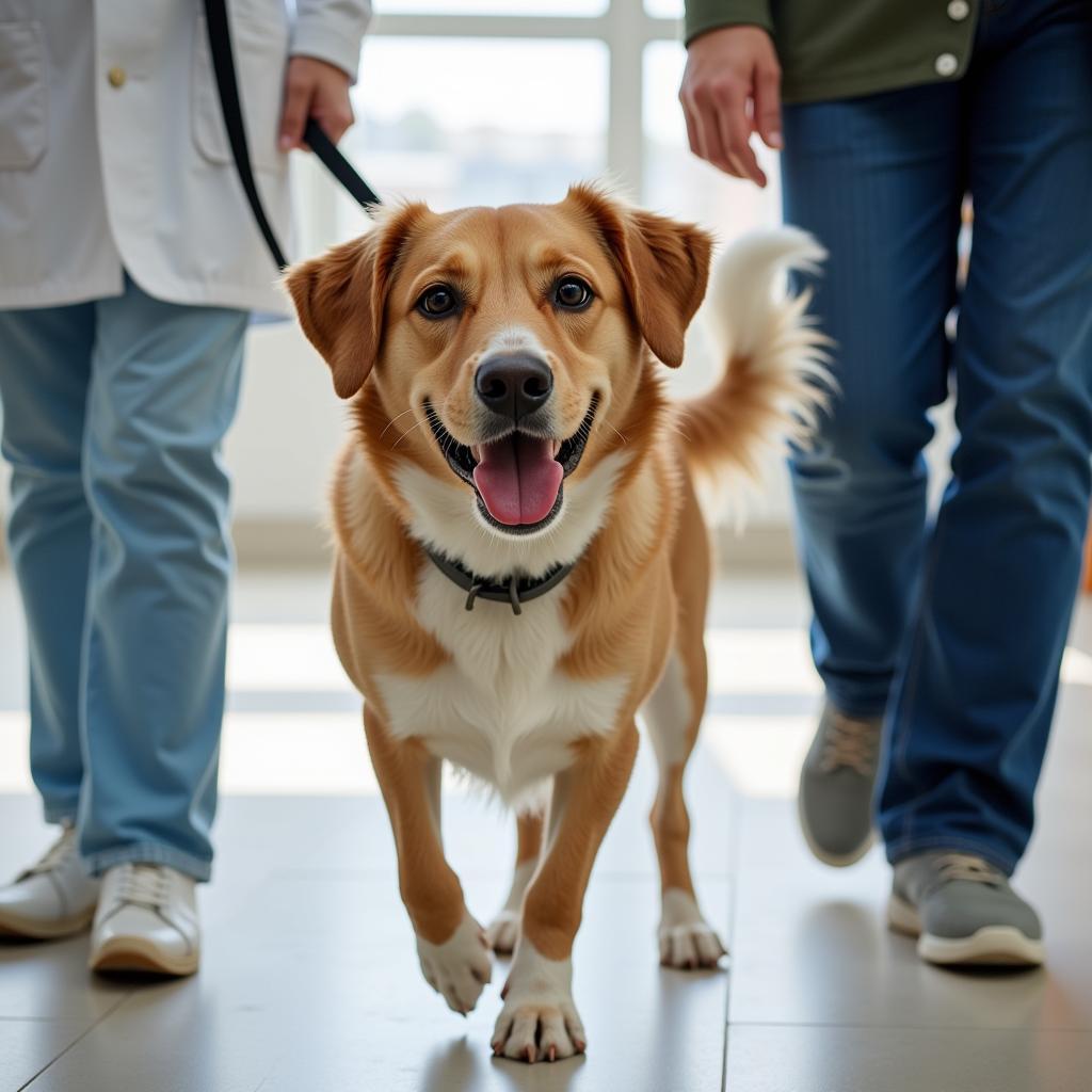 Happy dog walking out of the animal hospital