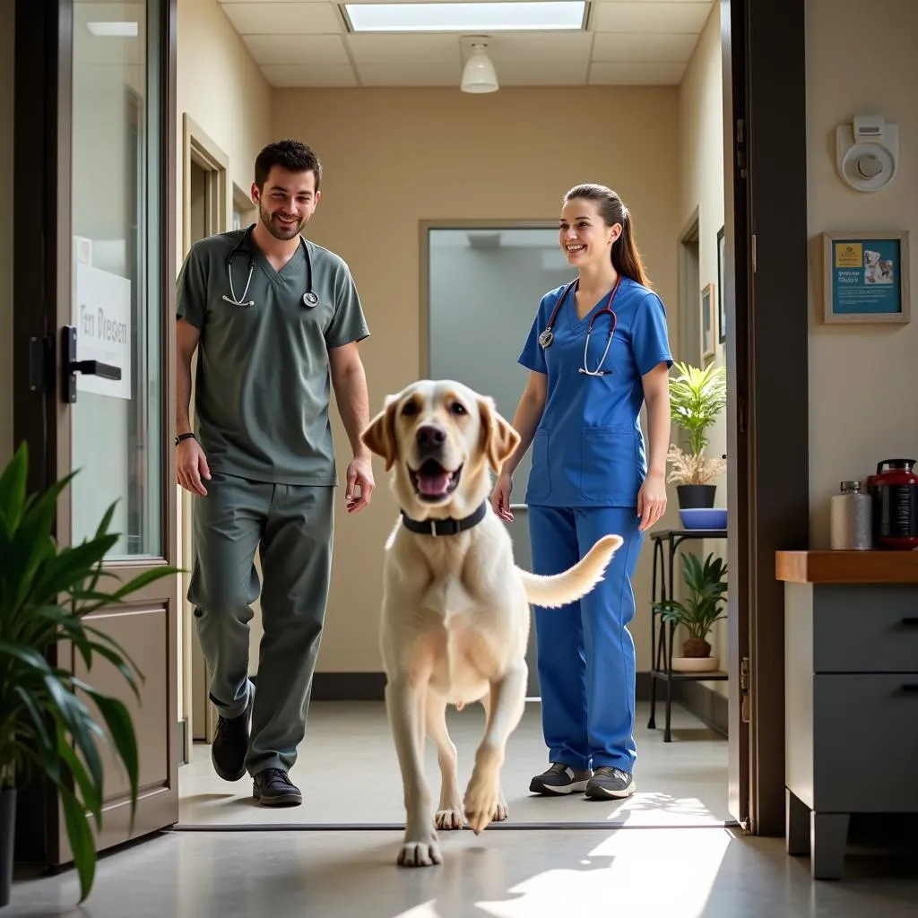 A happy dog leaving a mid-peninsula pet hospital after a check-up