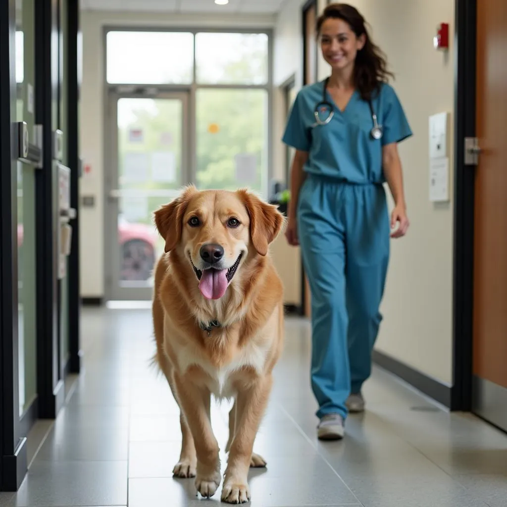 A happy and healthy dog leaving the oceanside animal hospital with its owner.