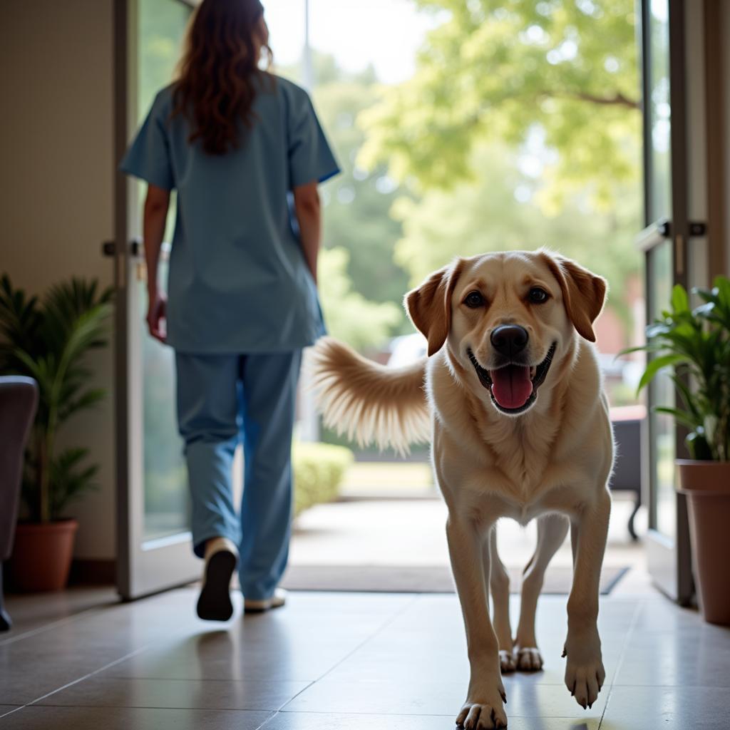 A happy and healthy dog leaving Paw Haven Animal Hospital after a positive experience.