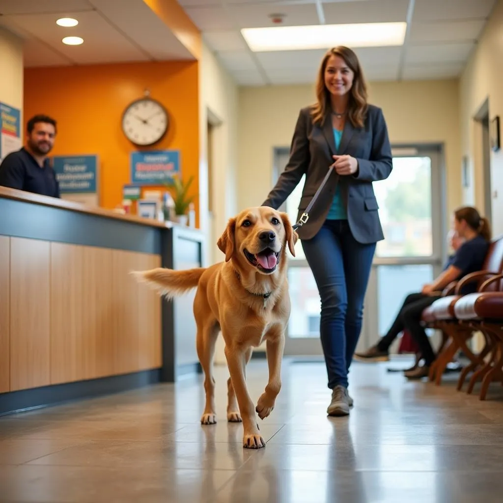 A happy dog leaving Precious Paws Animal Hospital after a check-up