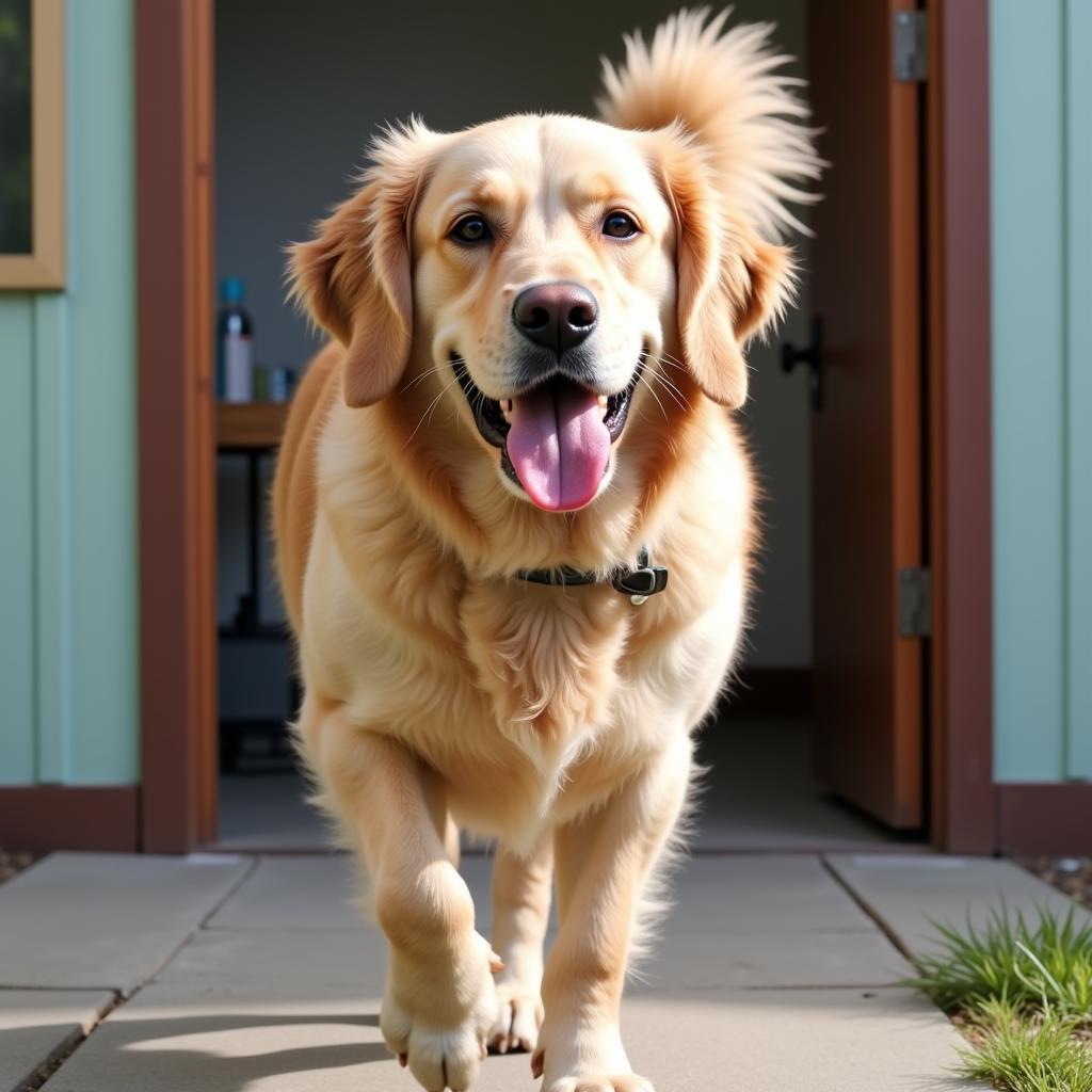  A playful Golden Retriever leaving River Road Animal Hospital with its owner