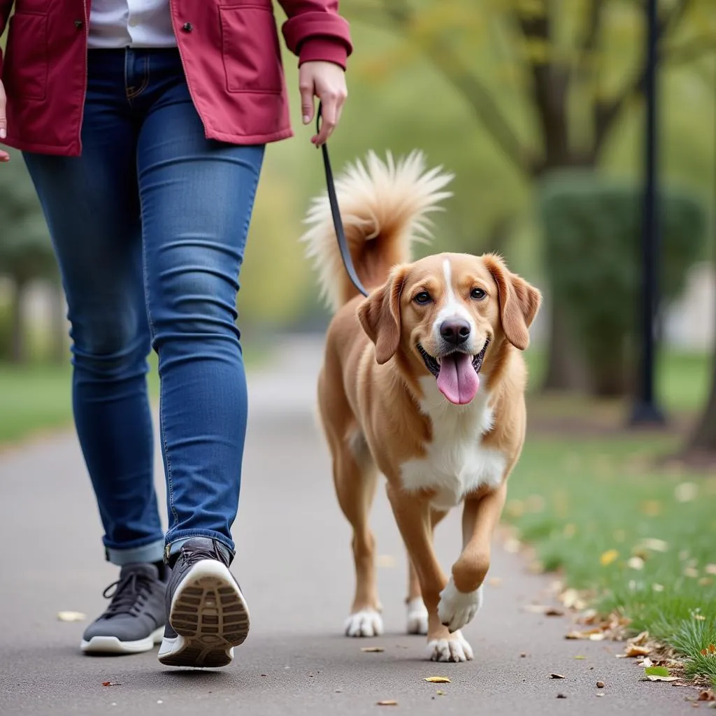 Happy dog walking out of Southfork Animal Hospital with its owner