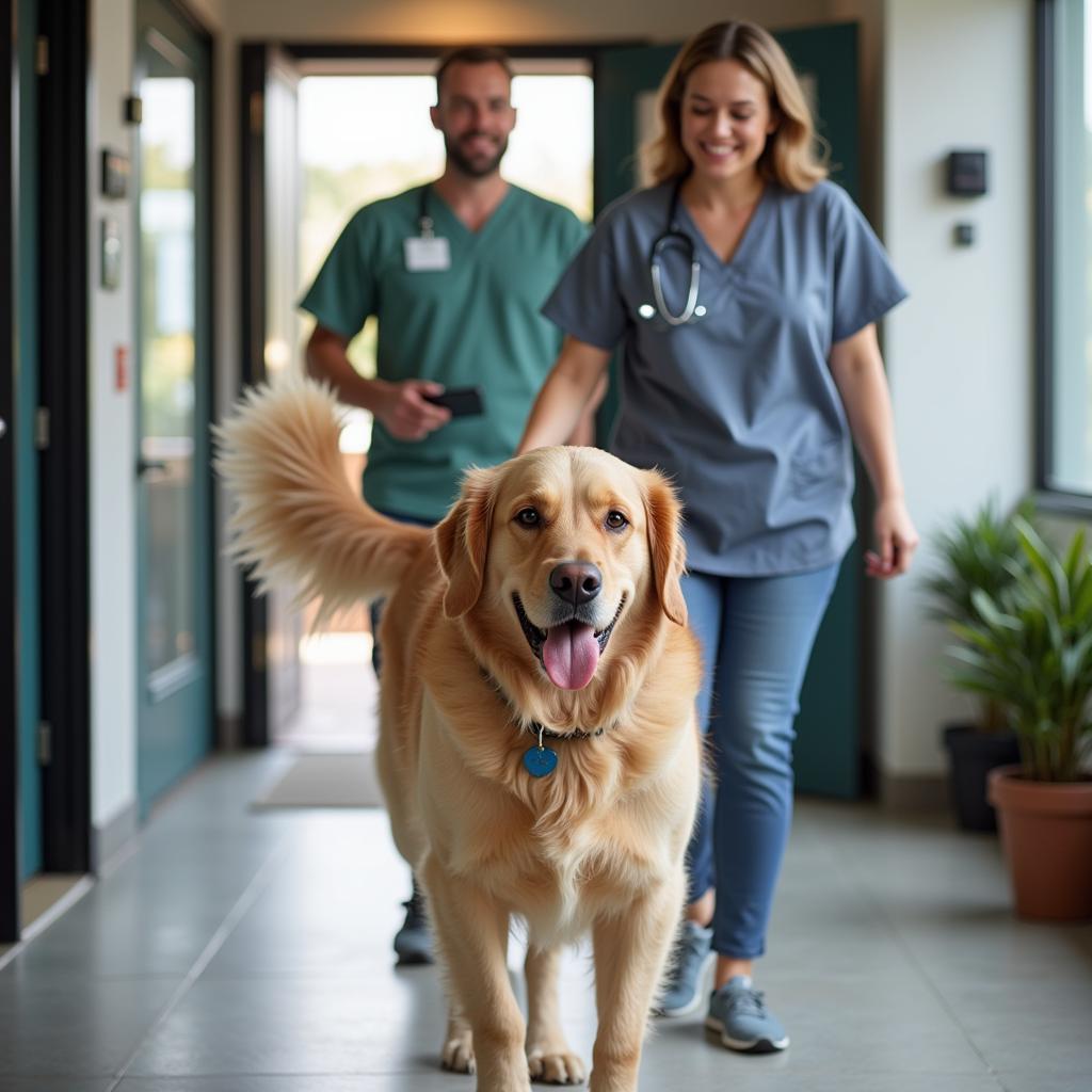 A happy dog leaving the veterinary clinic