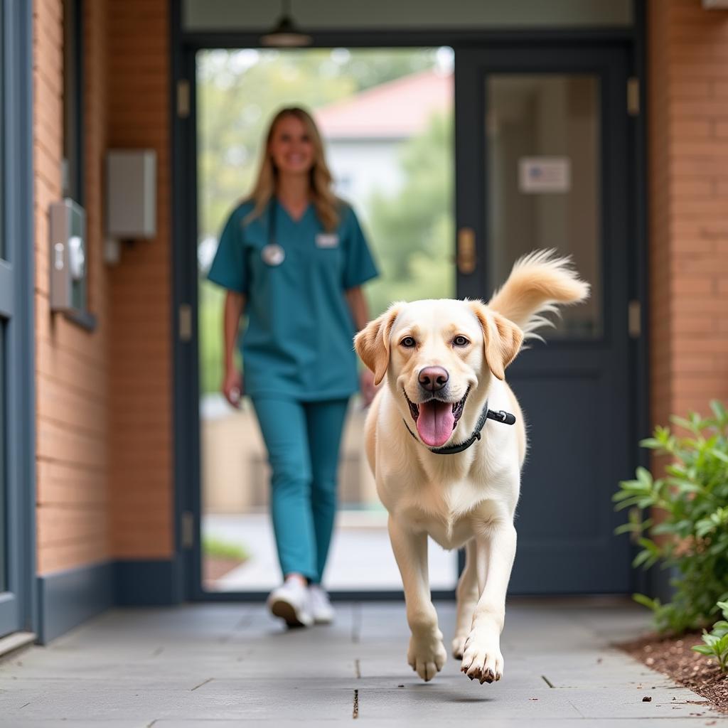 Happy Dog Leaving Vet Clinic with Owner 