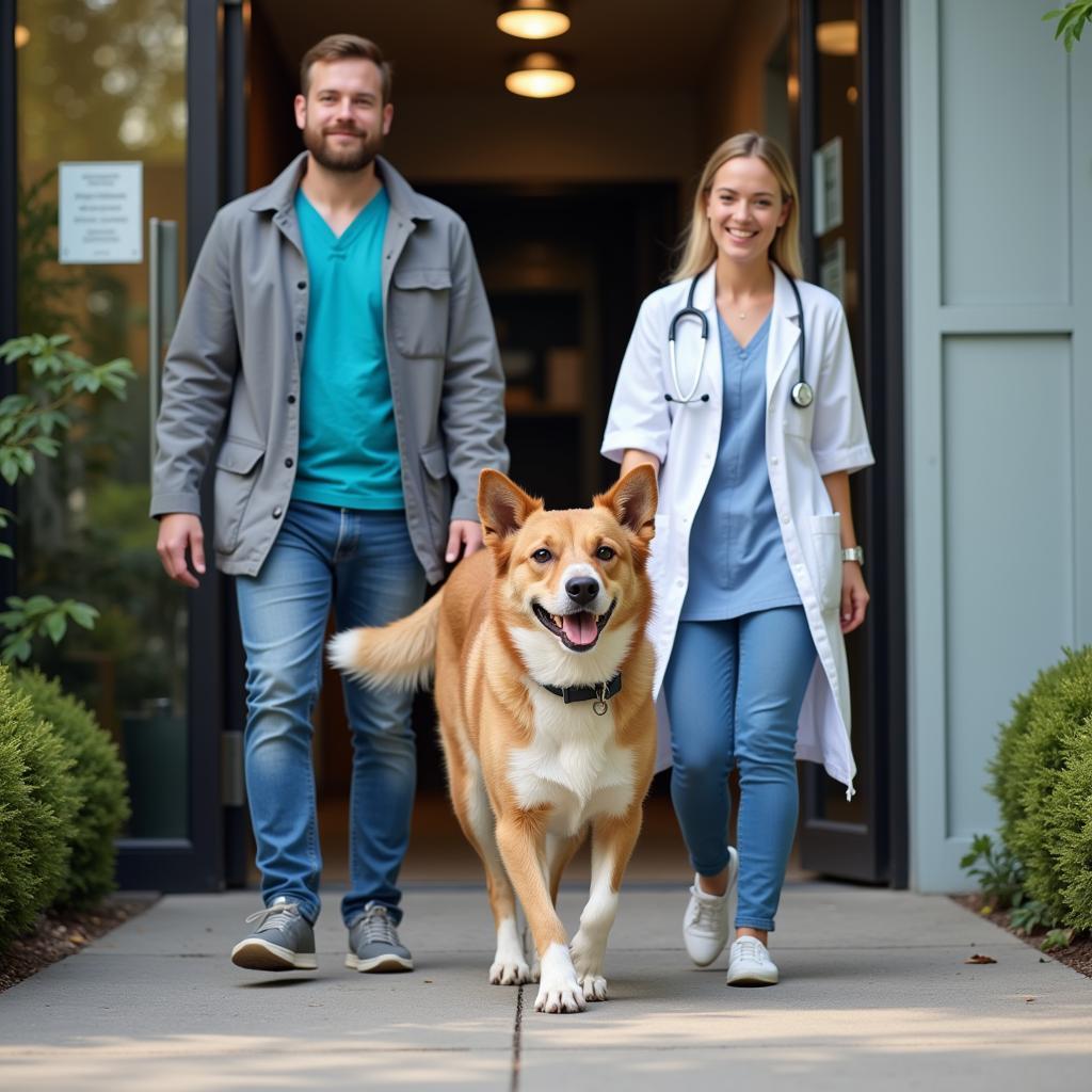 A happy dog leaving the vet clinic with its owner