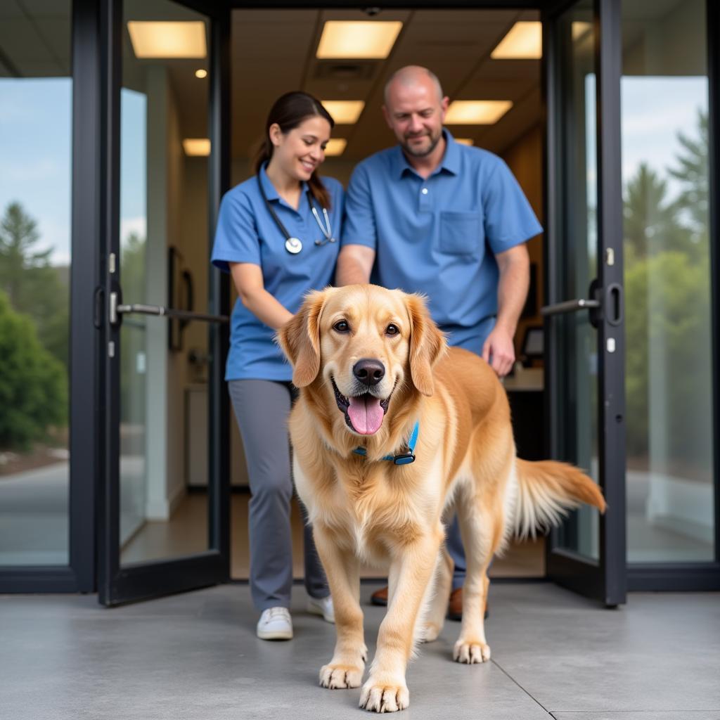 Golden Retriever leaving the vet with its owner