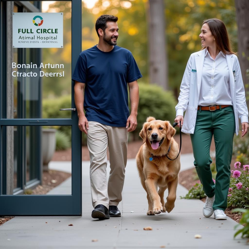 A happy dog leaving the vet clinic