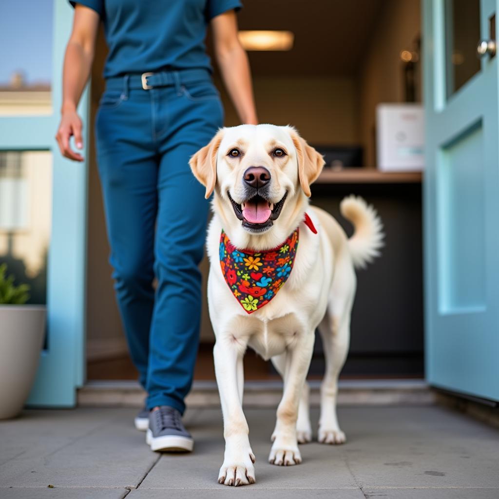 A happy dog leaving the veterinarian after a checkup