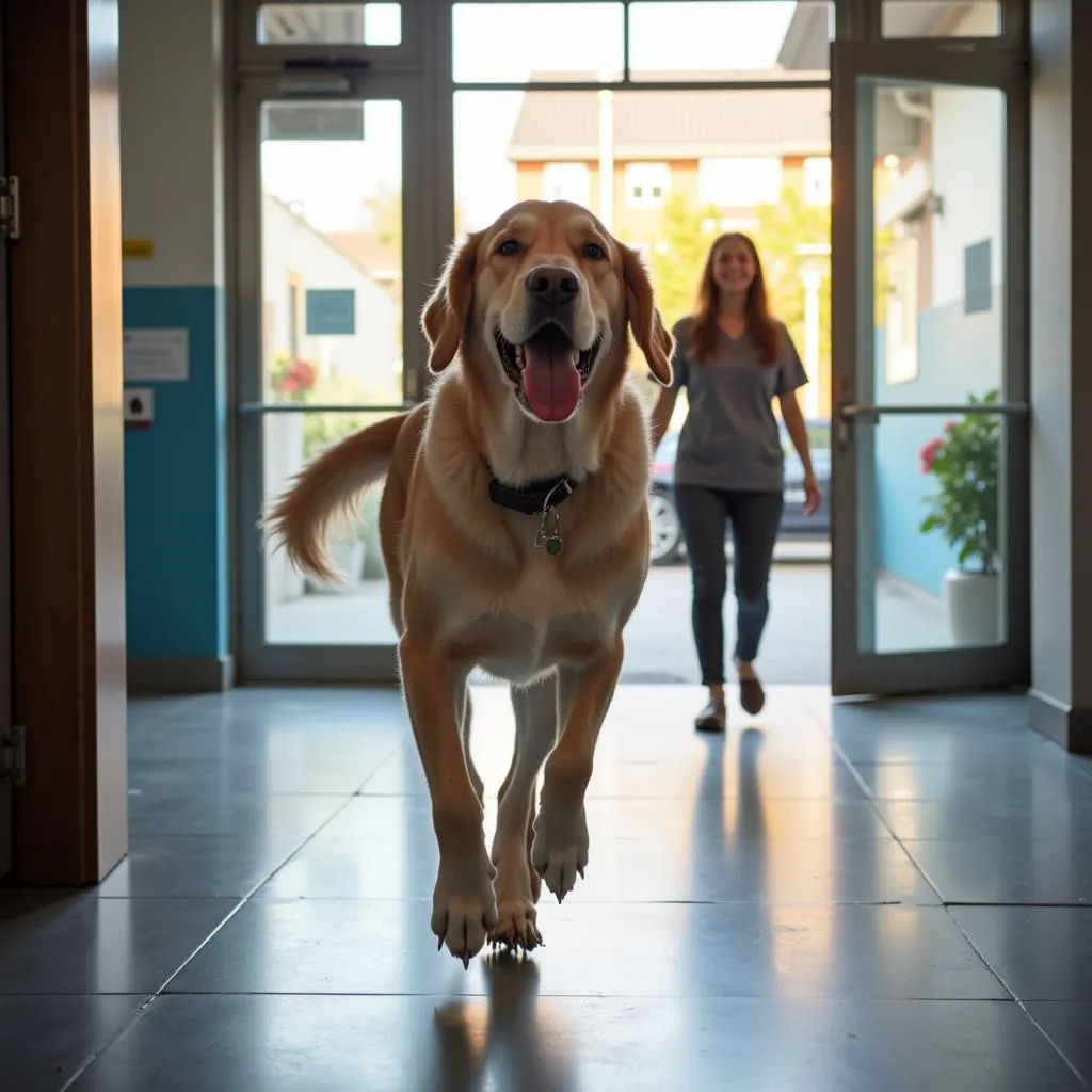  A happy dog on a leash leaving the veterinary clinic with its owner