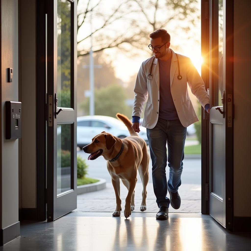 A happy dog leaving the veterinary clinic with its owner