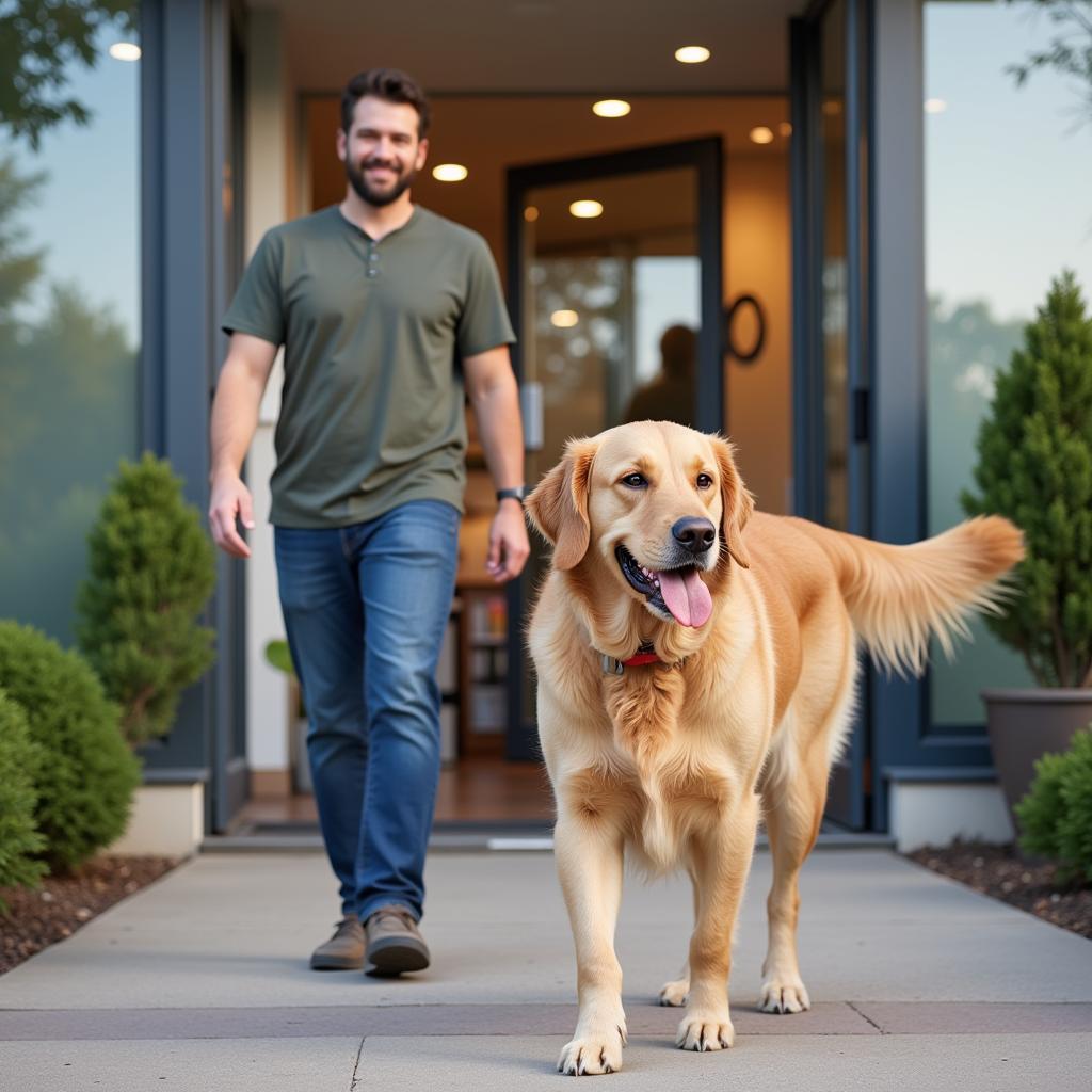 Golden Retriever Leaving Veterinary Clinic with Owner