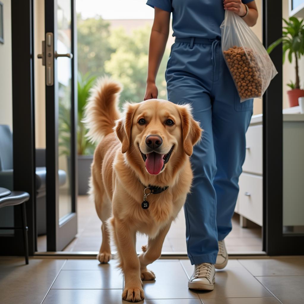 A happy dog leaving the veterinary clinic