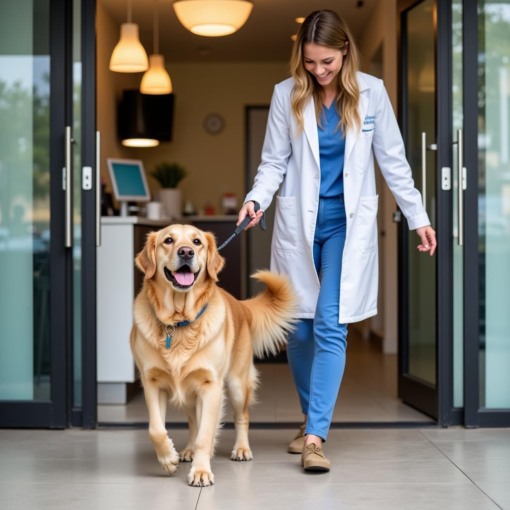 A happy dog leaving the veterinary clinic with its owner