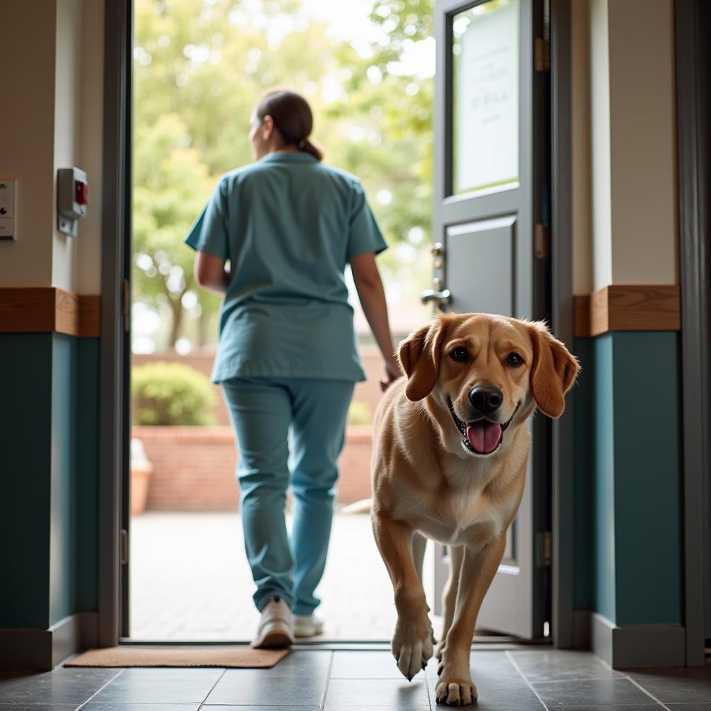 Dog Leaving Clinic with Owner