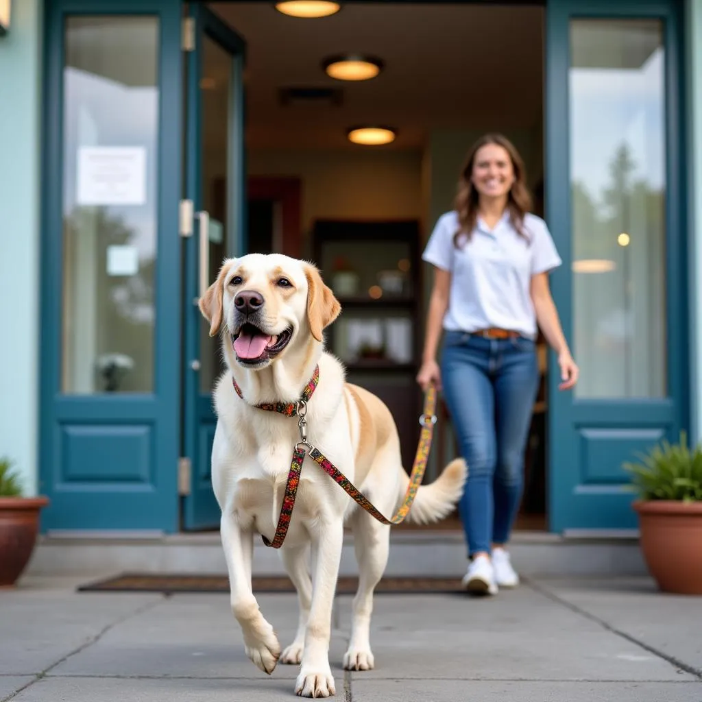 Happy dog leaving the veterinary clinic with its owner