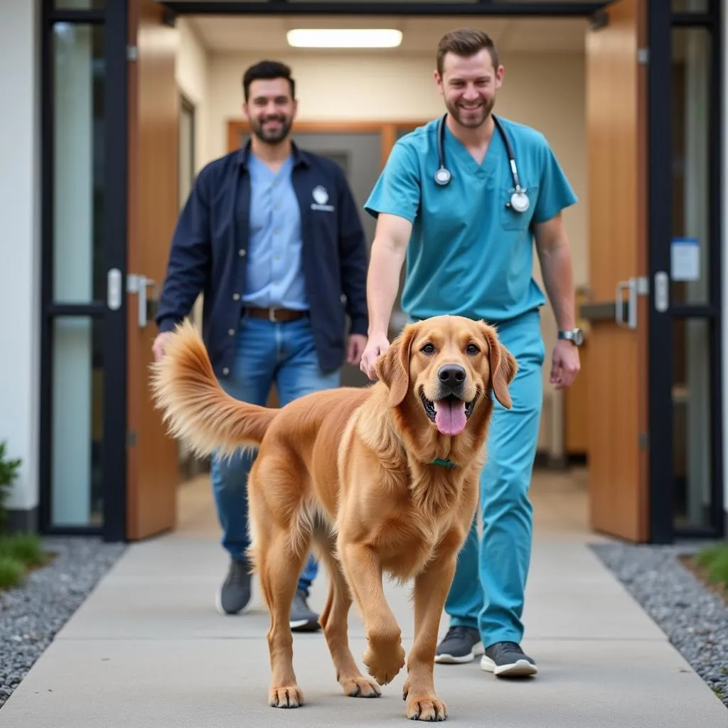 Smiling dog leaving the veterinary hospital