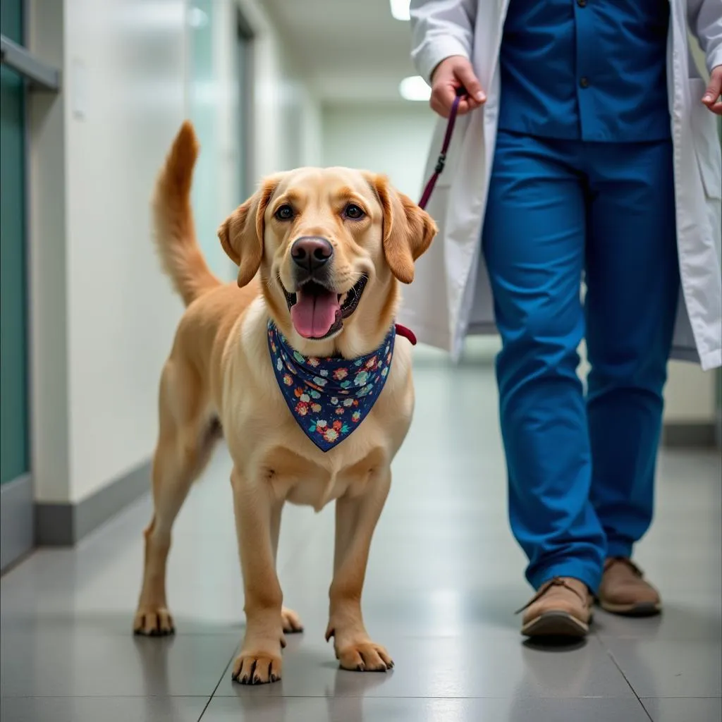 A happy dog leaving the veterinary hospital with its owner