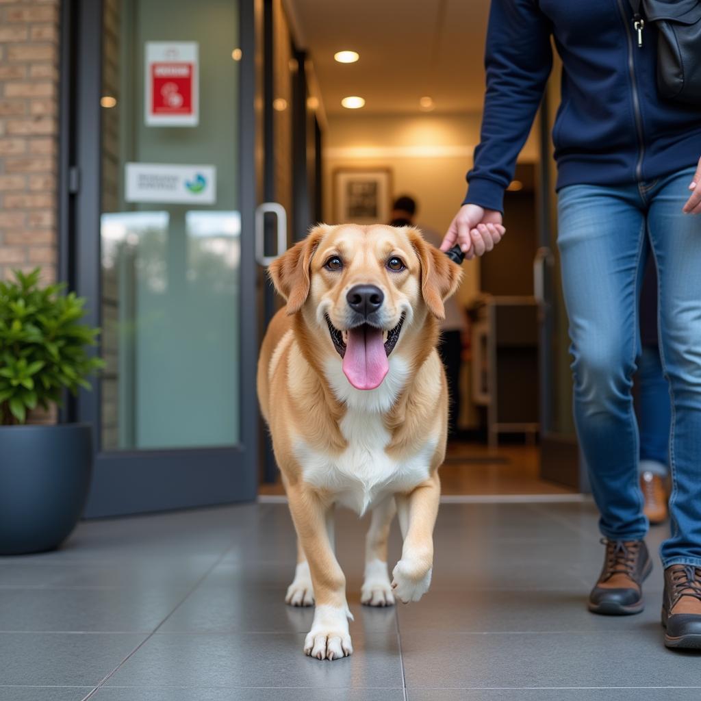 A happy and healthy dog leaving the veterinary hospital with its owner