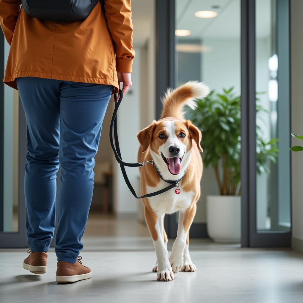 A dog happily leaving the veterinary hospital