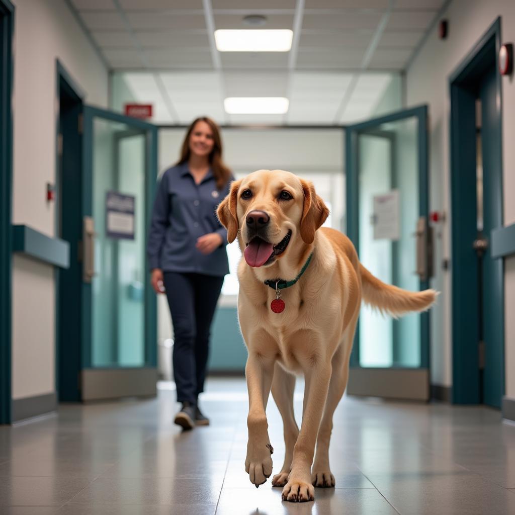 A happy dog leaving the veterinary hospital