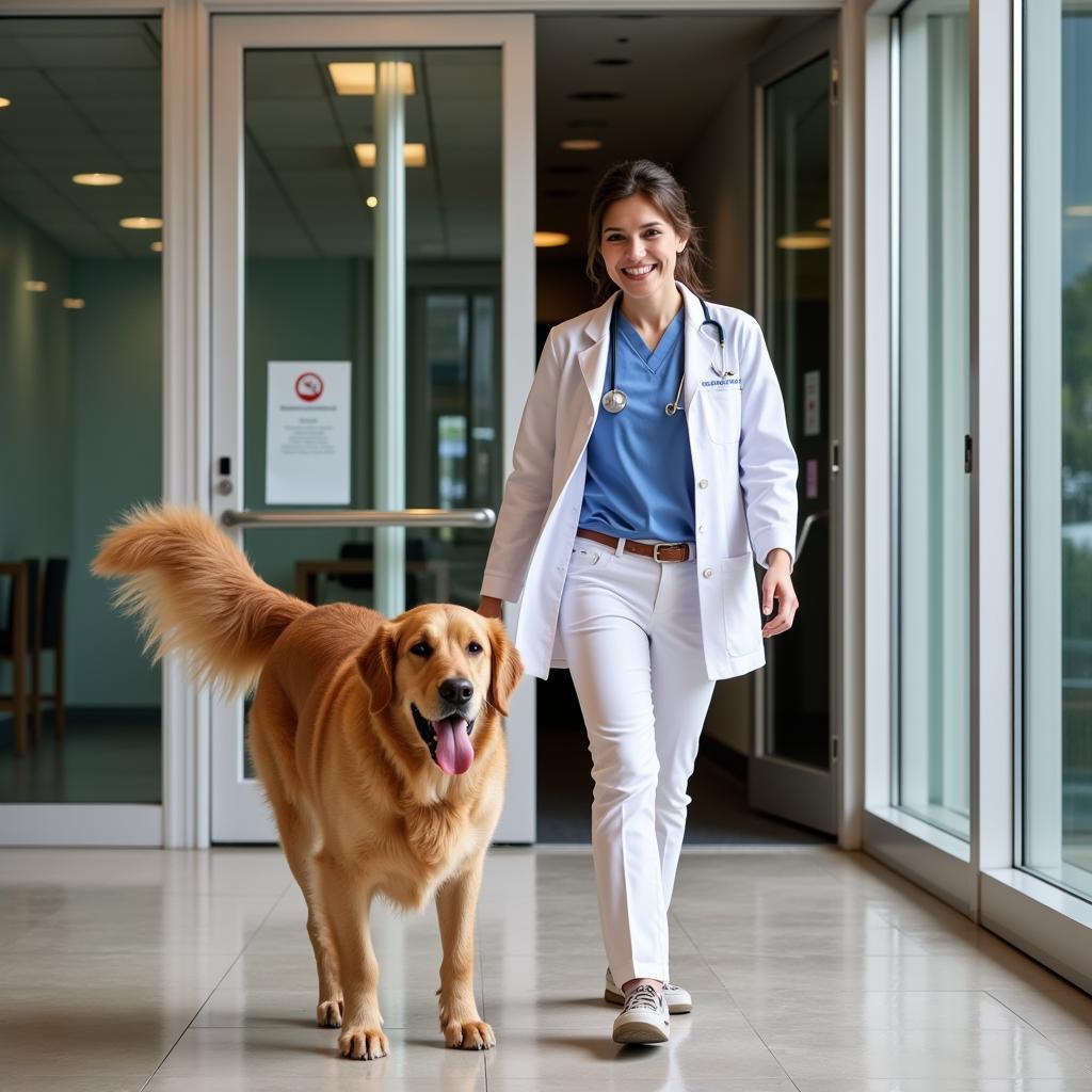 A happy and healthy dog leaving the veterinary hospital with its owner