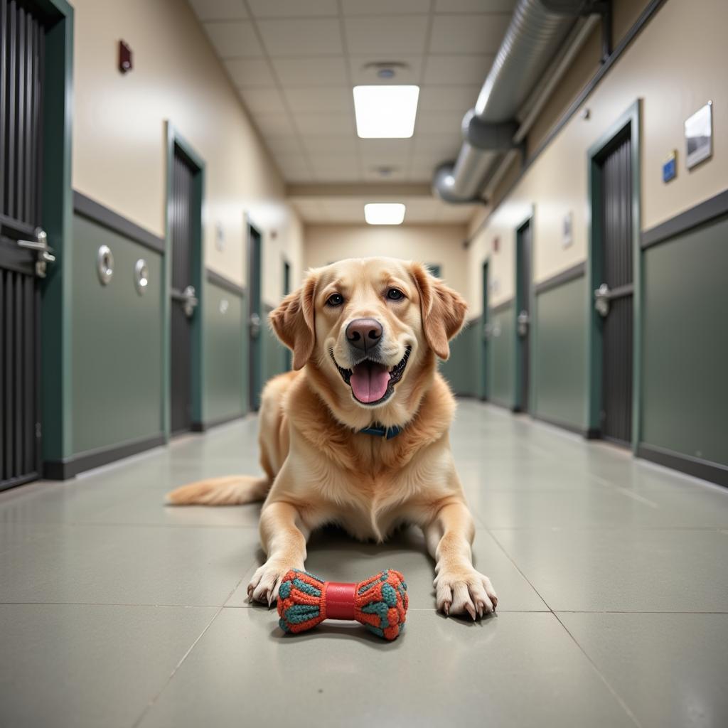 Happy dog playing with a toy in a spacious kennel