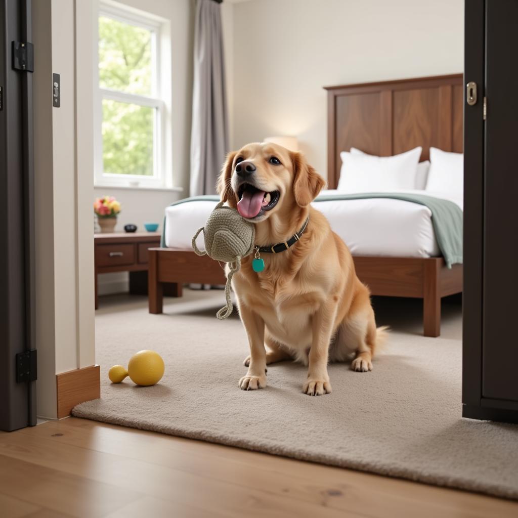 Happy Dog Playing With Toy in Hotel Room