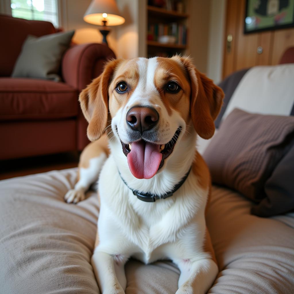 A content dog relaxing at home after neutering surgery.