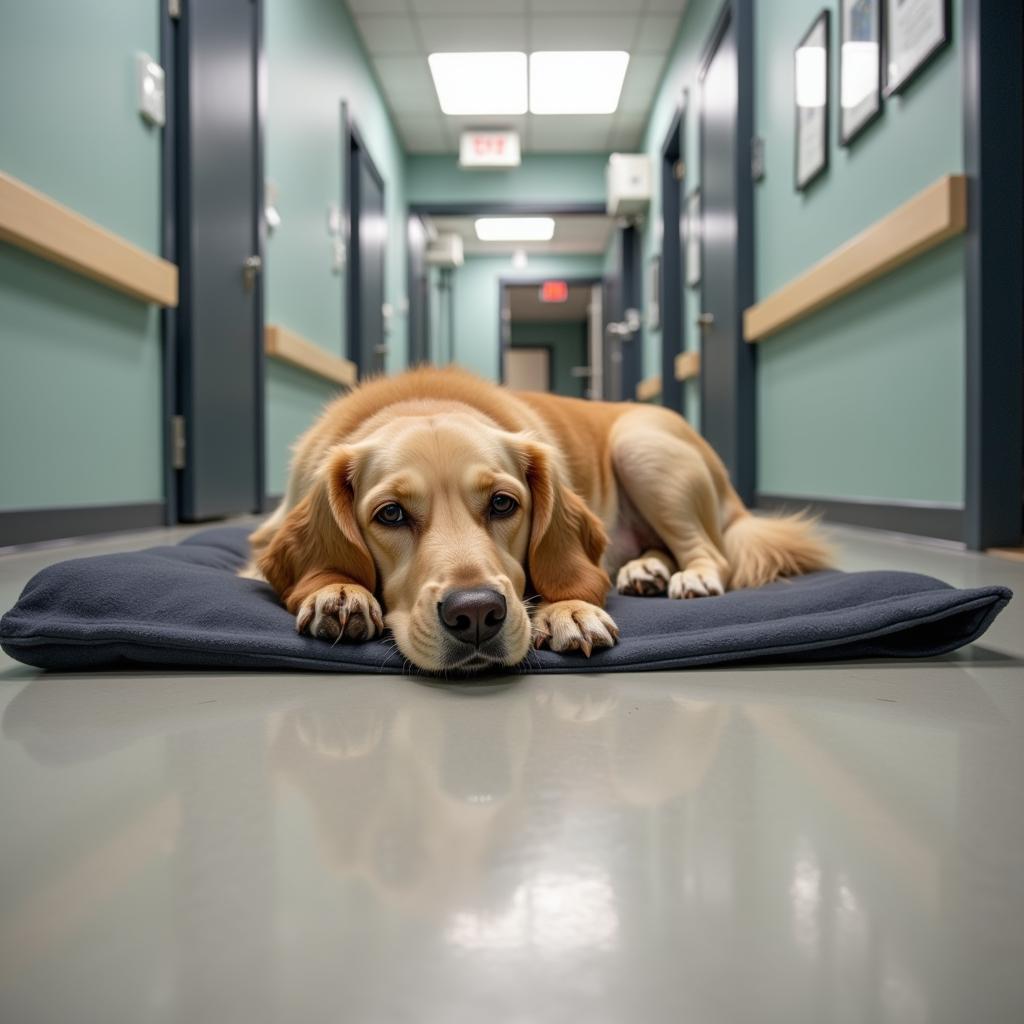 Dog recovering comfortably in a cozy kennel after a successful procedure