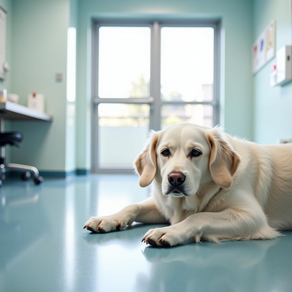 A Labrador Retriever resting comfortably in a soft bed in the post-surgery recovery area.