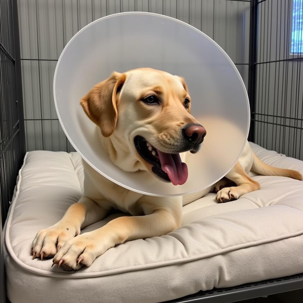 A happy dog resting comfortably after a successful surgery at Summit Animal Hospital