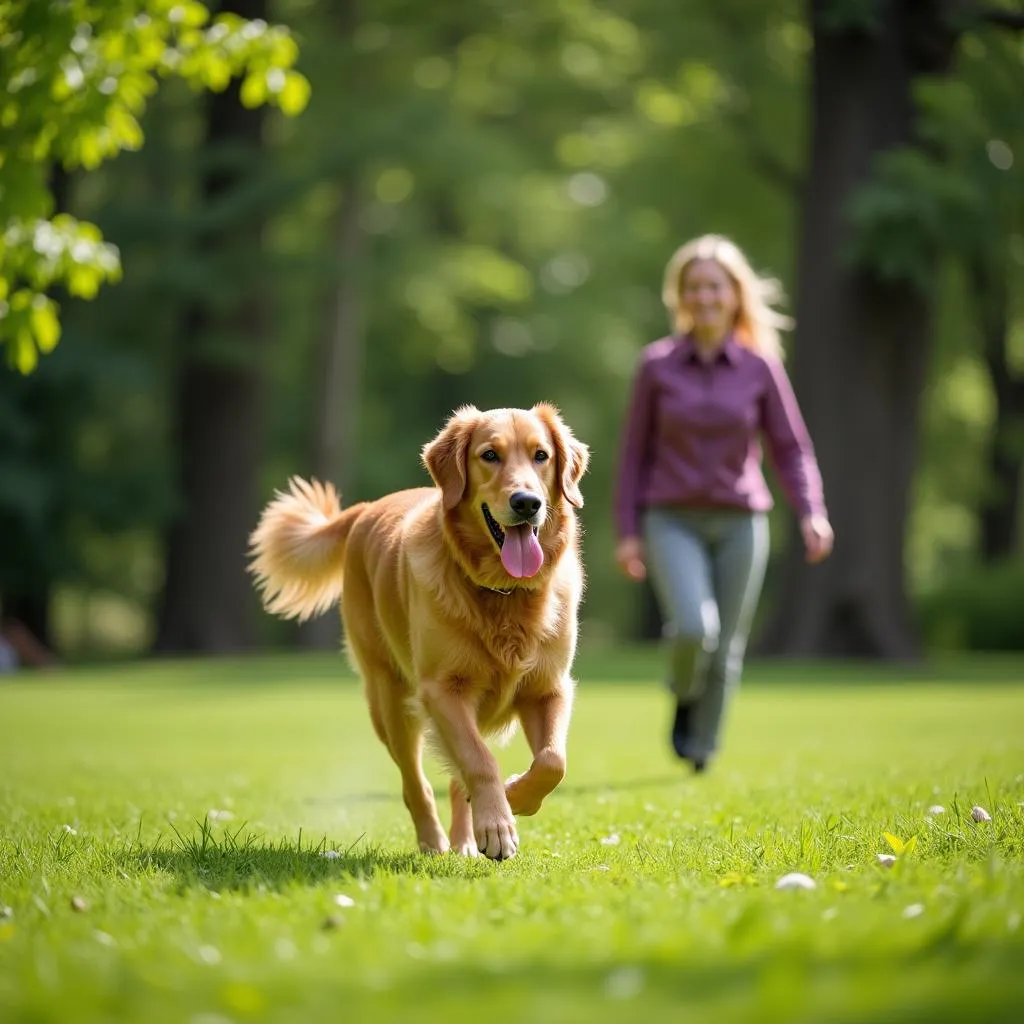 Happy dog running in a park with its owner