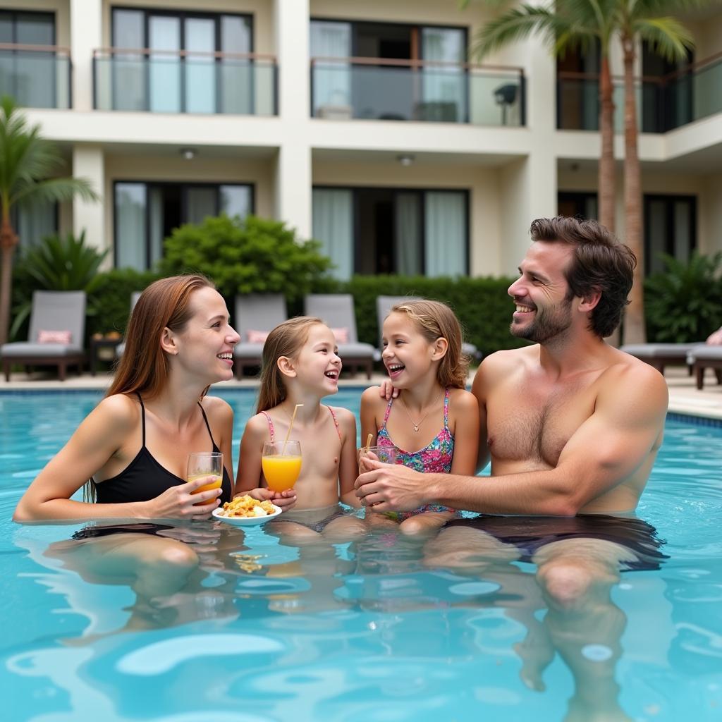 A happy family enjoying their stay at a hotel