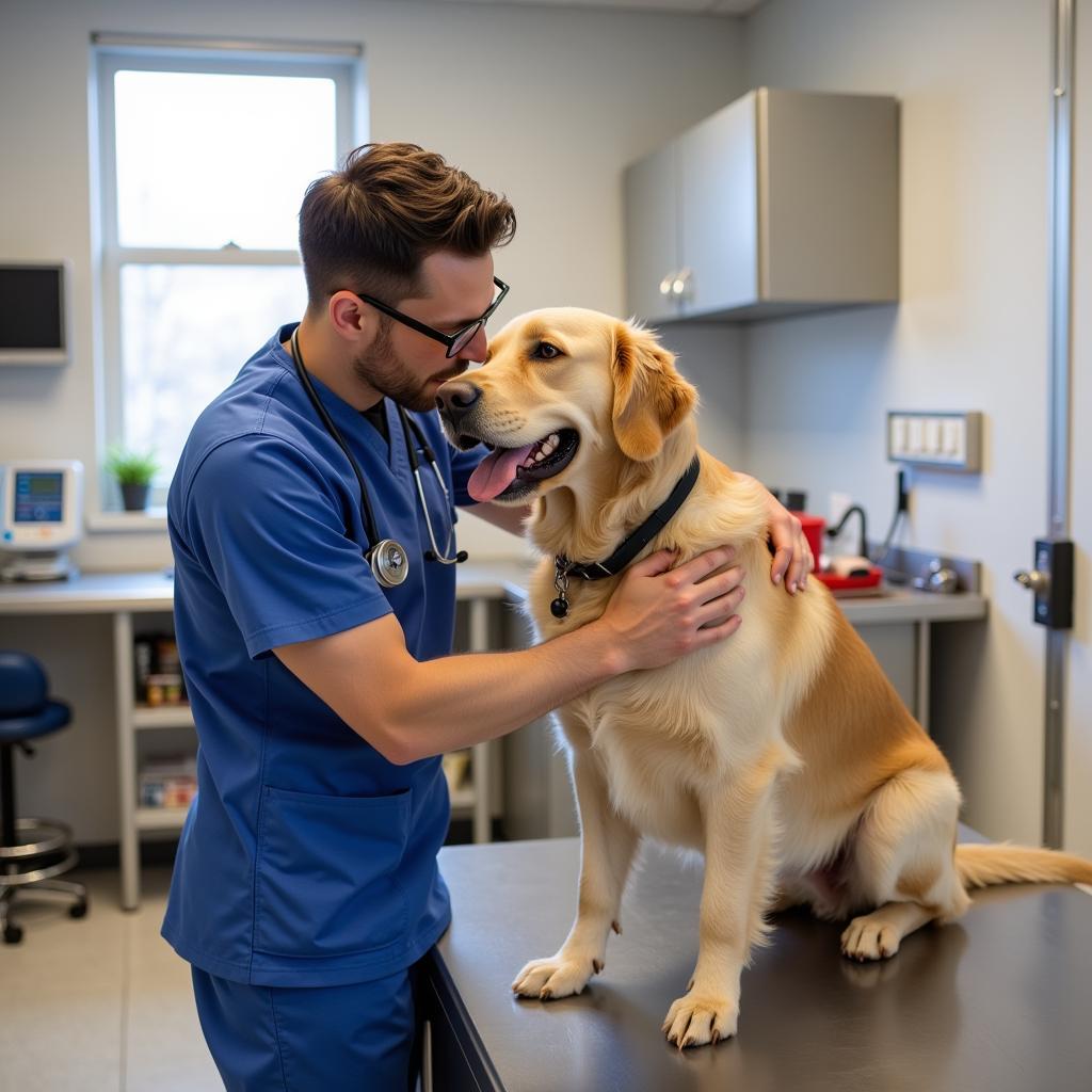 A veterinarian examining a dog in a clean and modern exam room.