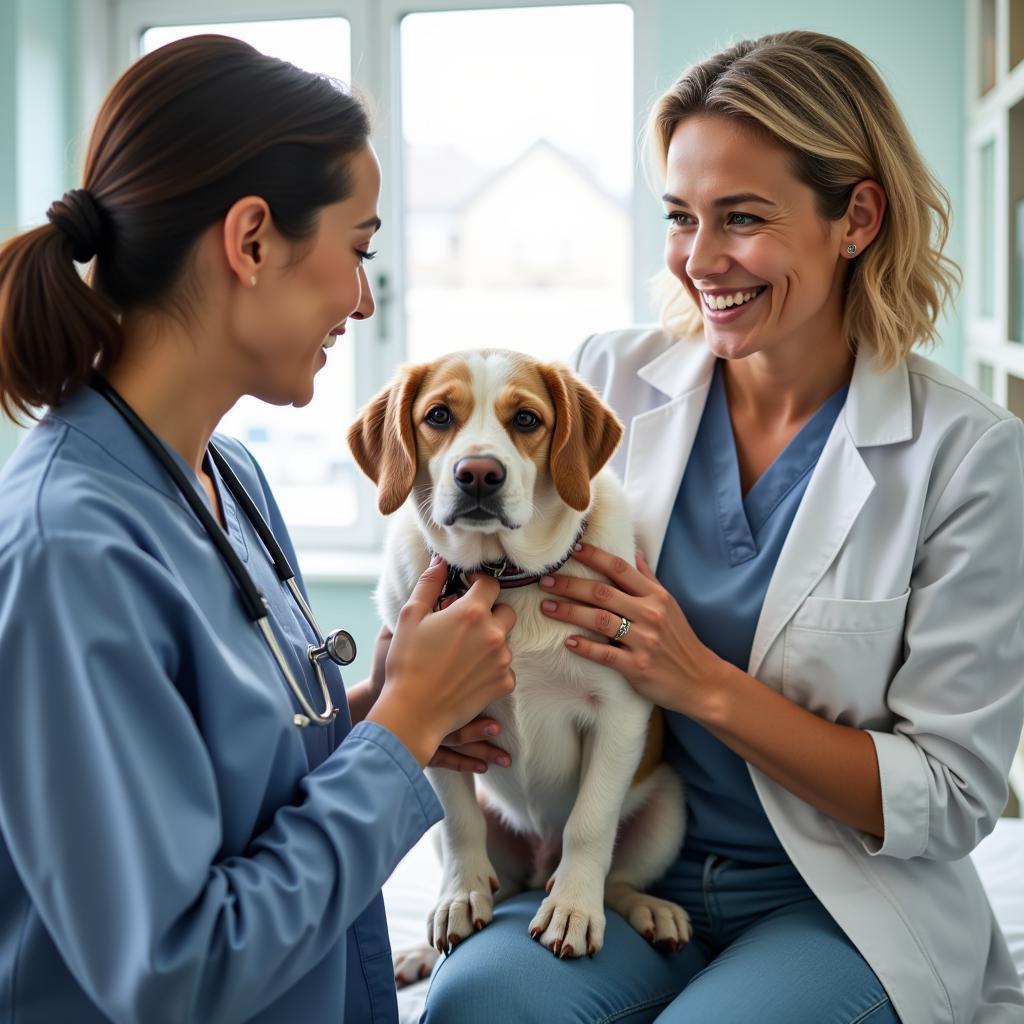 Happy pet owner and veterinarian discussing pet's health