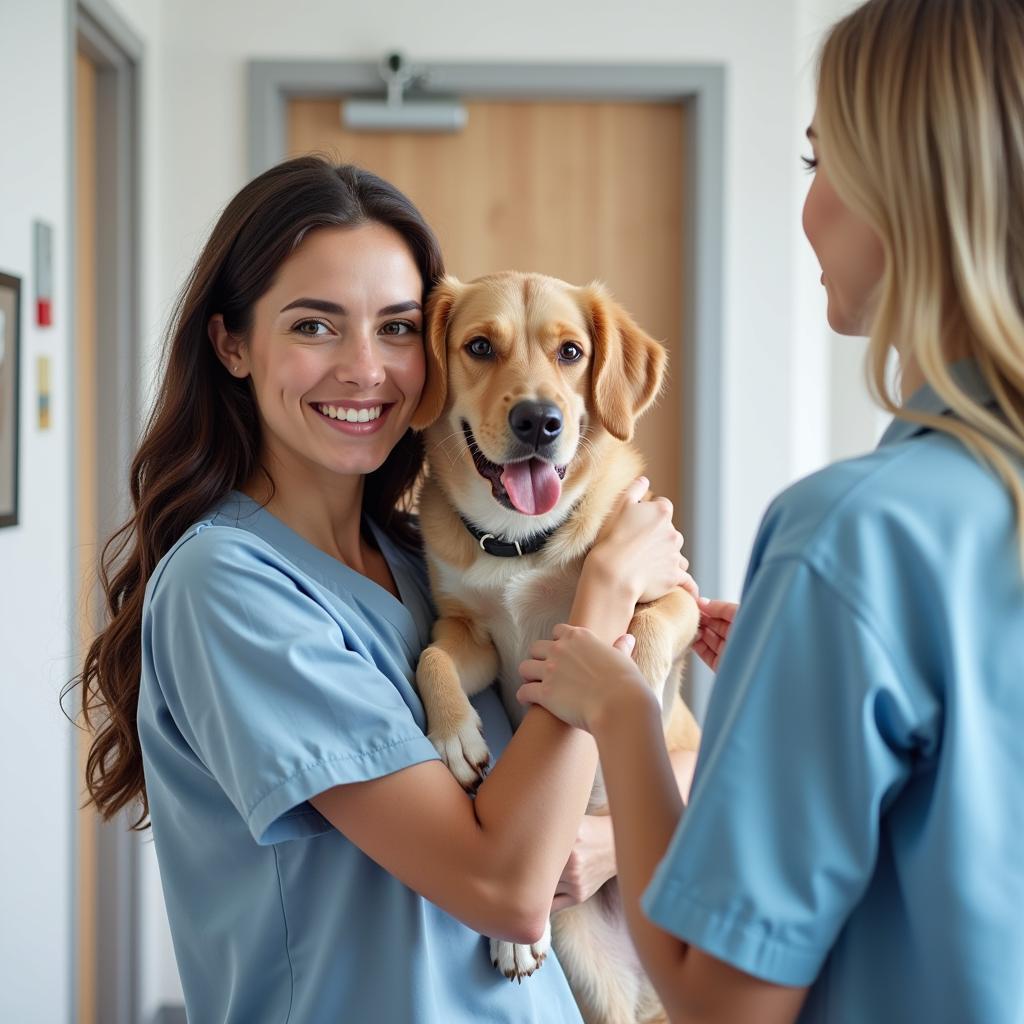 Happy Pet Owner with their Dog at the Vet Clinic