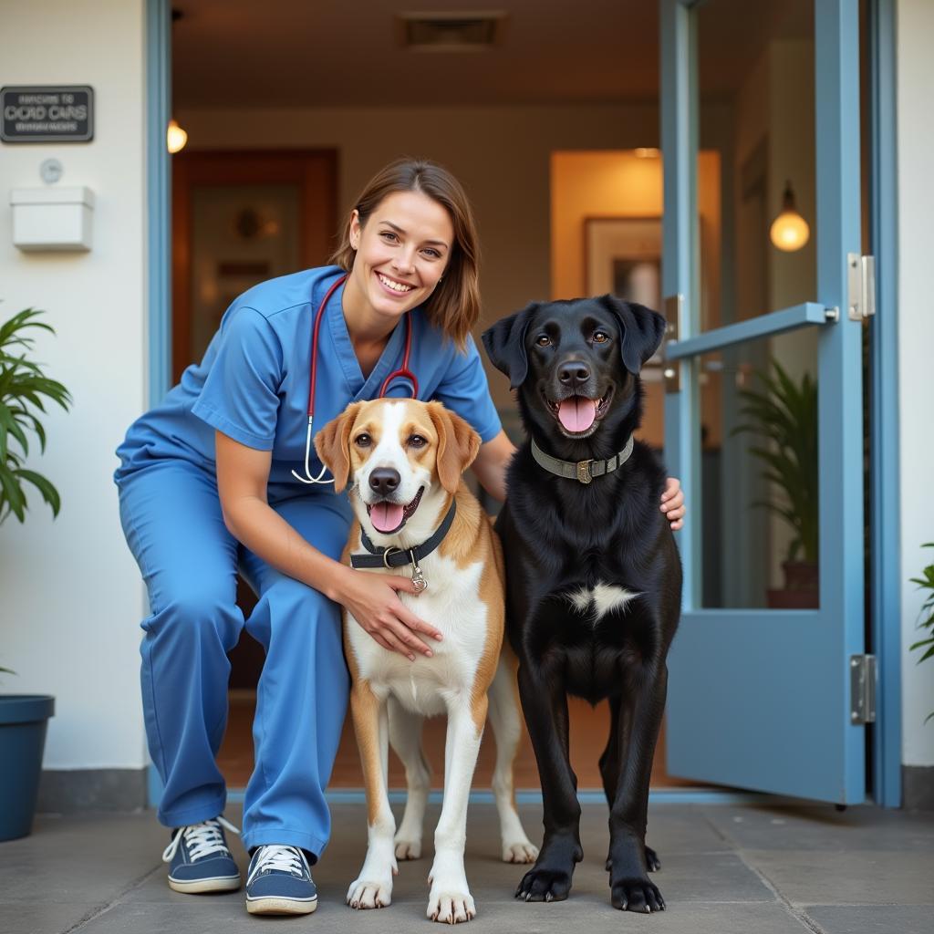 Happy Pet Owner with Healthy Dog Leaving Veterinary Clinic