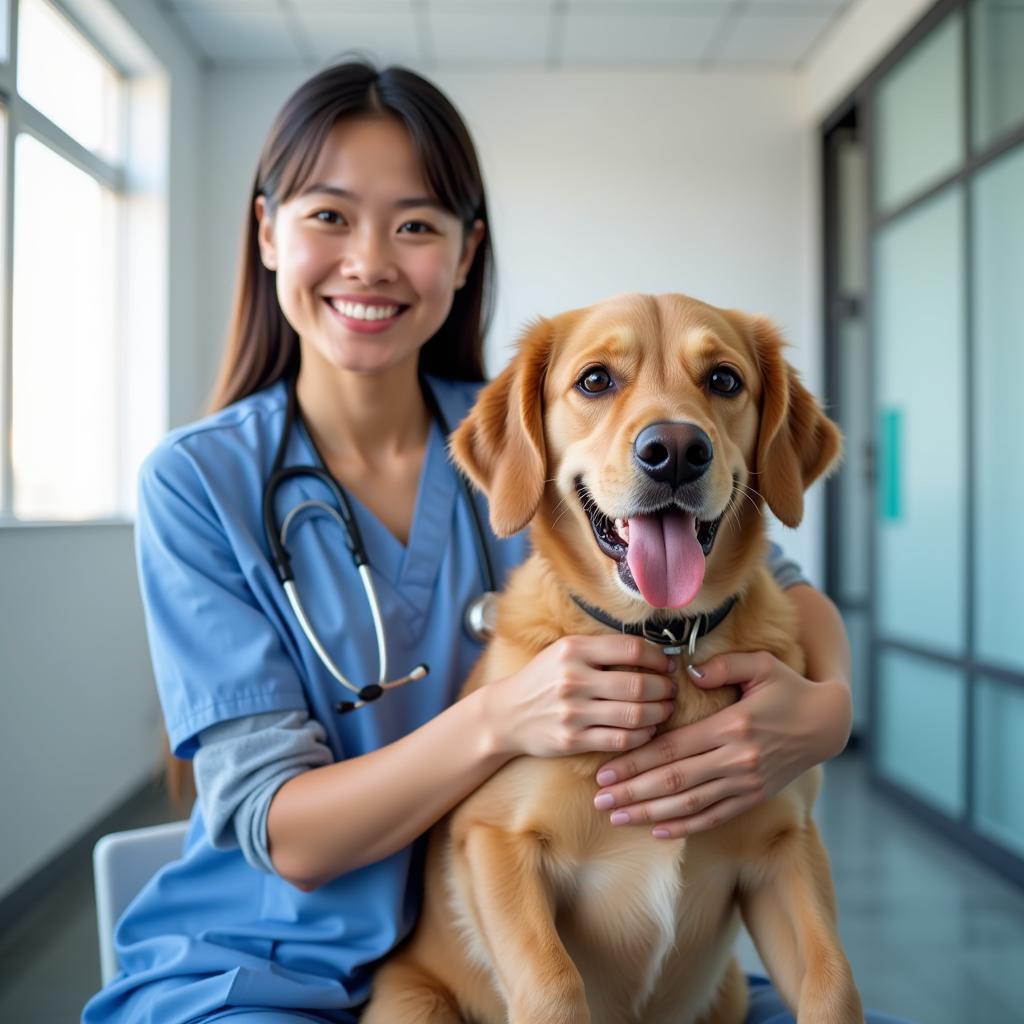 Happy Pet Owner with Healthy Pet at the Vet Clinic