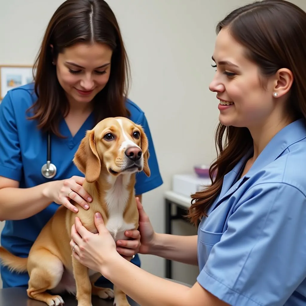  Veterinarian examining a happy dog at Harmony Animal Hospital in San Diego