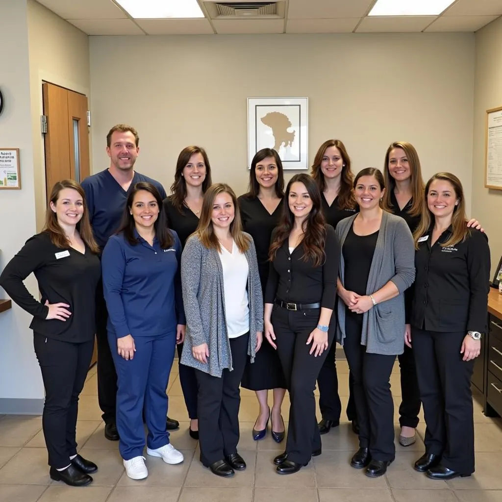 A team of veterinarians and staff smiling at Harmony Animal Hospital in San Diego