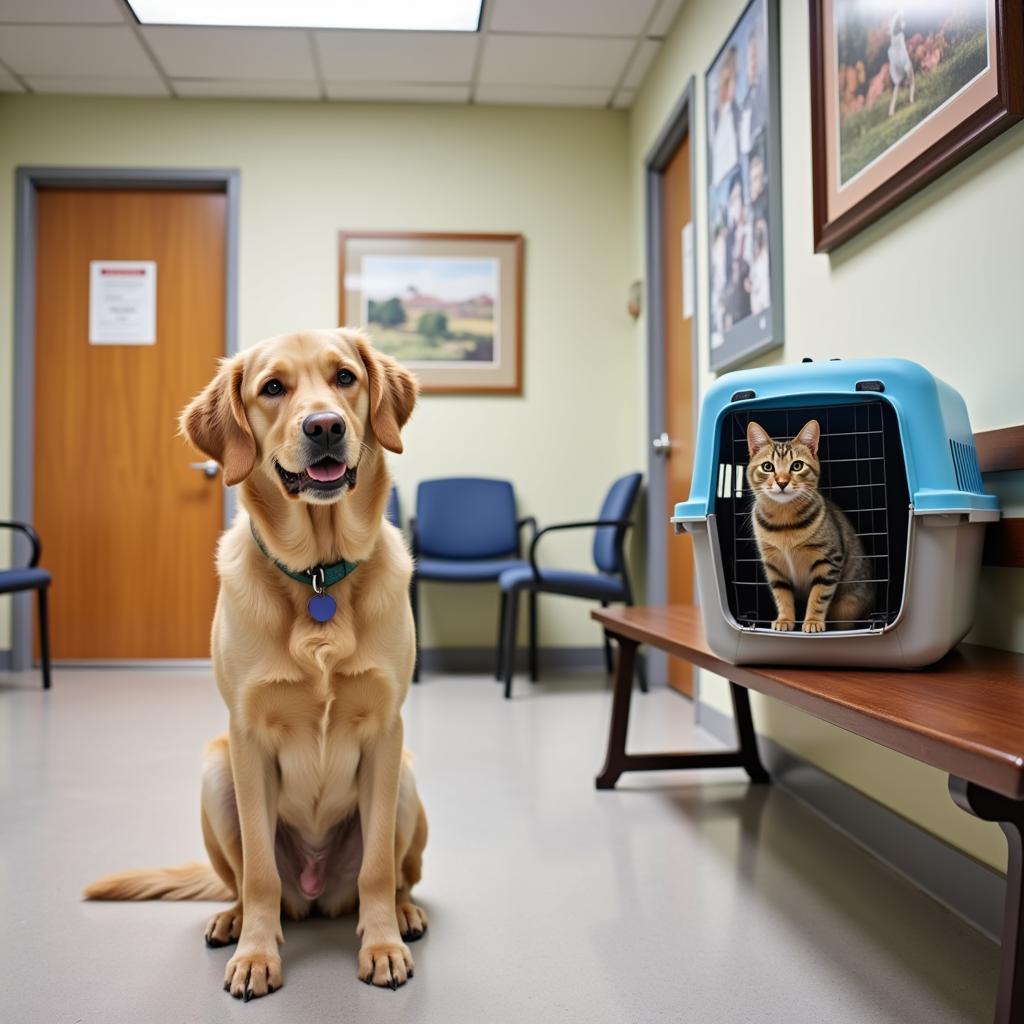 Cat and Dog Patiently Waiting in the Havasu Animal Hospital Waiting Room