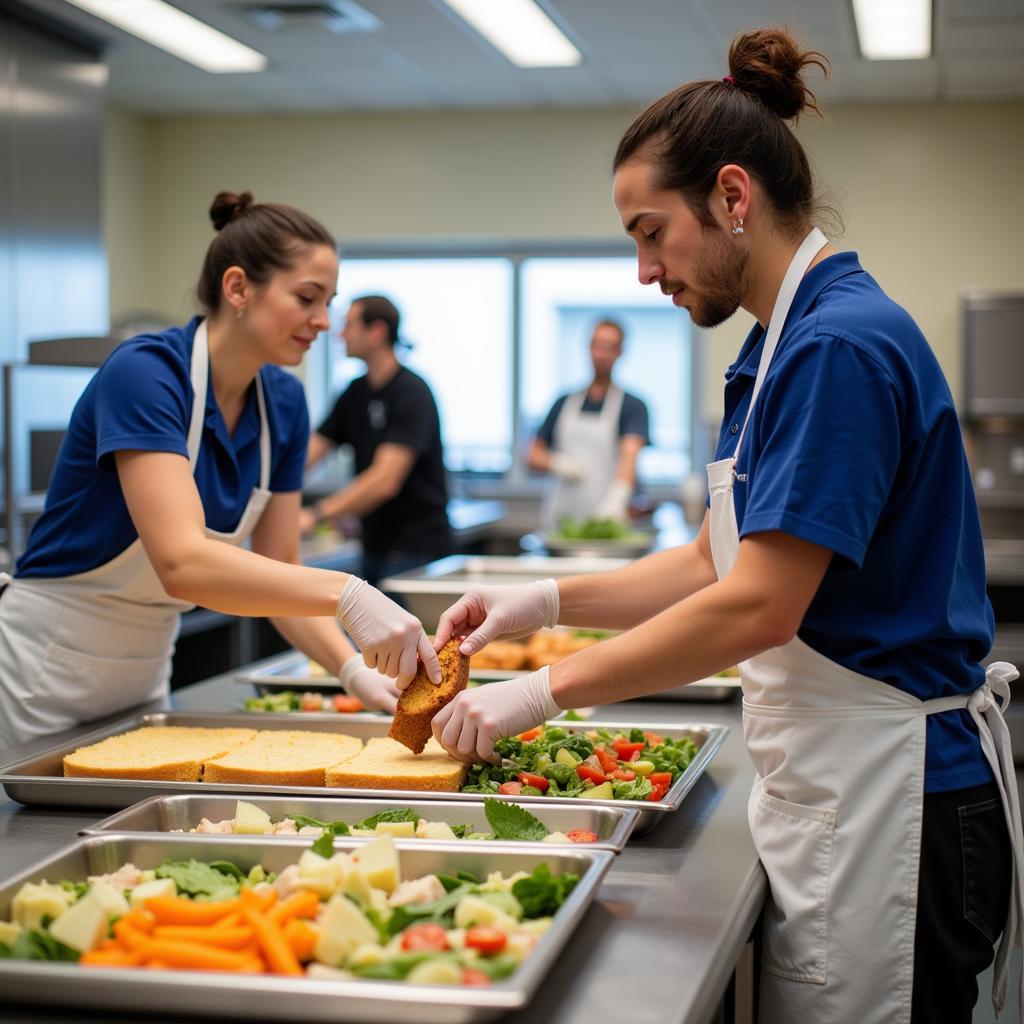 A group of food service workers participating in a training session led by a supervisor in a modern classroom setting.