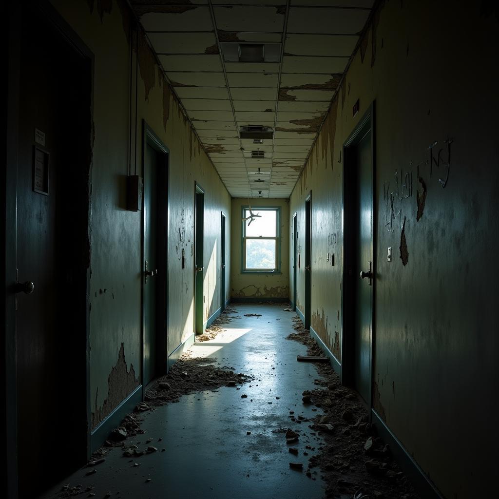 An eerie abandoned hallway in Henryton Mental Hospital