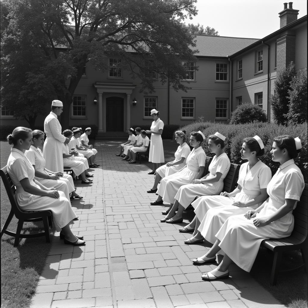 Patients enjoying fresh air in the courtyard of Henryton Mental Hospital