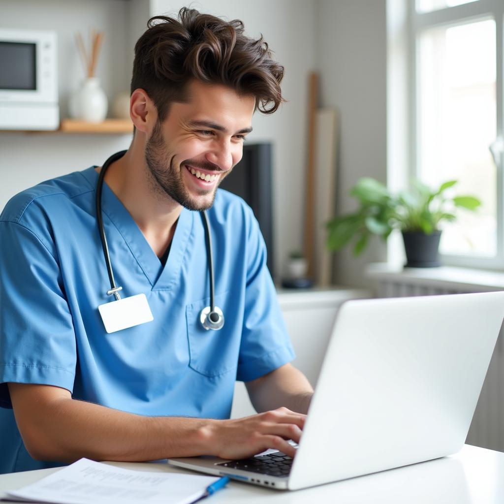 Individual smiling while working on a laptop, symbolizing a job application