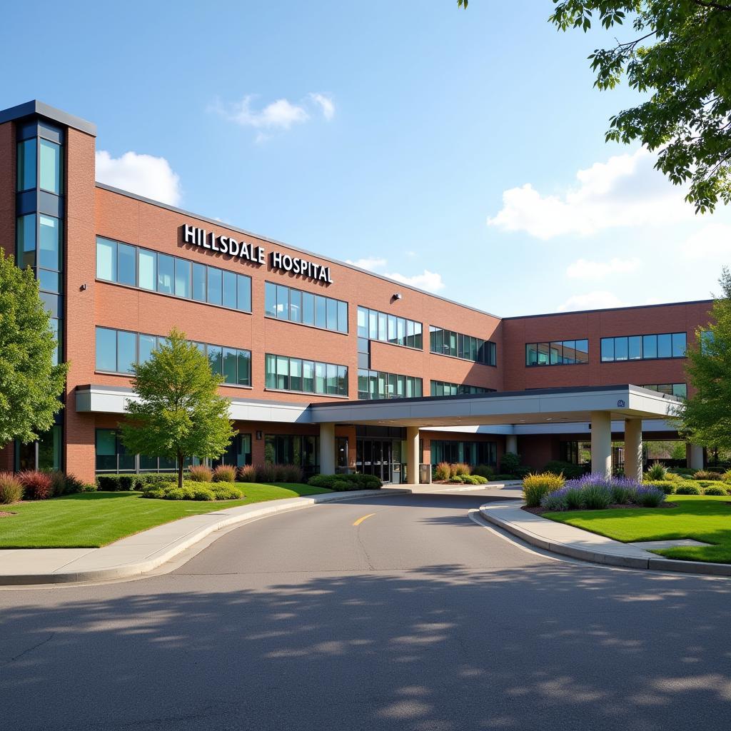 Modern hospital building with landscaped grounds